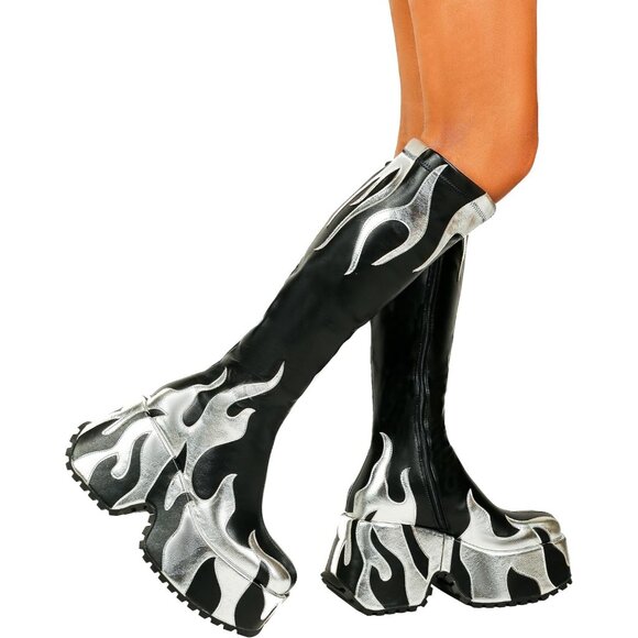 Women’s Synthetic Black Side Zipper High Heeled Flames Printing Chunky Sole Boot - Picture 3 of 6